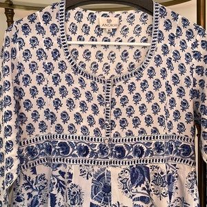 ANOKHI blue and white block print cotton dress